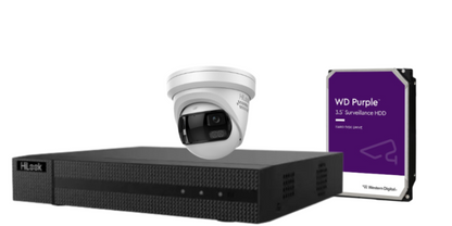 HiLook 4-Channel CCTV Kit with IPC-T289PH-MU/SL 8MP 180° Panoramic Cameras + 4K PoE NVR + HDD – IP67 Outdoor Surveillance System with Smart IR, Two-Way Audio & Deterrence