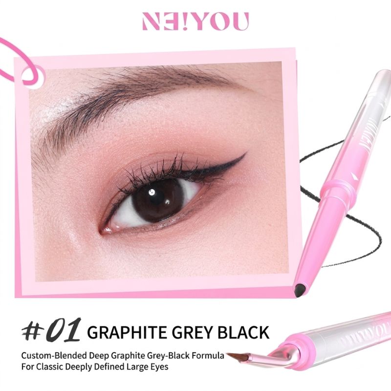Pink dual-ended eyeliner pen with dark ink tip and fine angled brush end