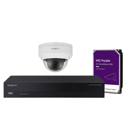 Hanwha Wisenet 4‑Camera CCTV Kit – CT‑ANV‑L7082R 4 MP Dome + CT‑ARN‑410S 4‑Ch 8 MP AI NVR with 1 + HDD – Outdoor Vandal‑Resistant, H.265, PoE