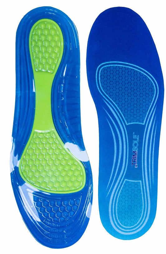 Blue gel insoles with green heel and arch cushioning, pair front and back view