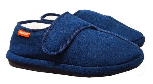 Archline orthotic slippers in dark blue, slip-on with cushioned side strap