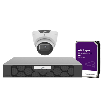 Uniview CCTV 8MP Kit – 4× IPC3618SS‑ADF28K‑I1 Turret Cameras + 4‑Channel Ultra265 PoE NVR（NVR501‑04B‑P4‑IQ）, Includes HDD