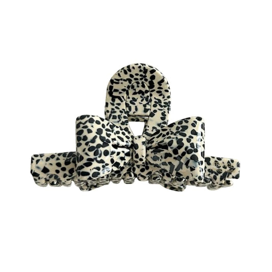 Black-and-cream polka dot bow hair claw with double-sided French ribbon