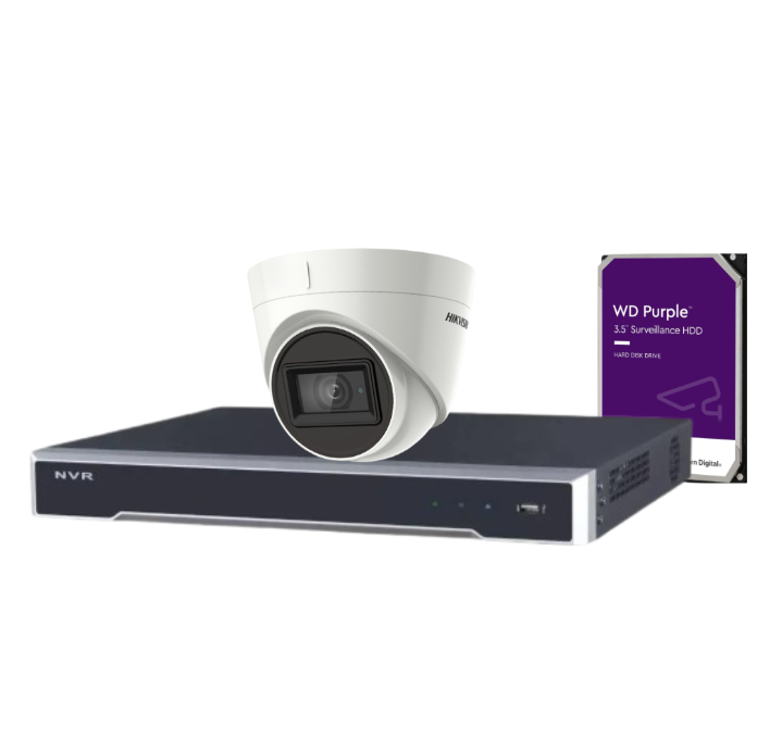Hikvision 5MP Outdoor Turret Camera + 4-Channel PoE NVR Security Kit with HDD – DS-2CE78H8T-IT3F + DS-7604NI-M1/4P