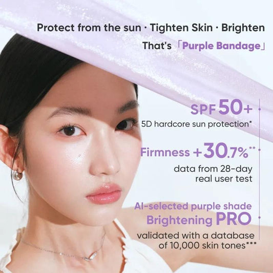 Woman with dewy skin wearing purple sunscreen primer; SPF50+ compact shown