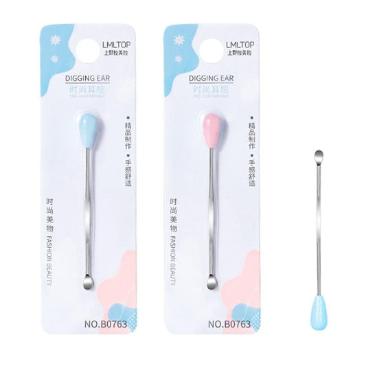 Set of stainless steel ear picks with blue and pink silicone spoon tips