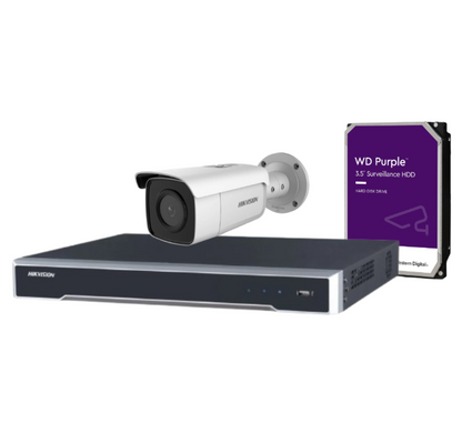 Hikvision 8MP CCTV Kit with 4 DS-2CD2T86G2-2I/4I Bullet Cameras + 4-Channel PoE NVR DS-7604NI-M1/4P + HDD – AcuSense, DarkFighter, IP67 Rated
