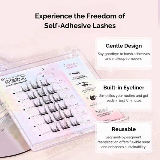 Self-adhesive false eyelash strip set in clear case with multiple pairs shown