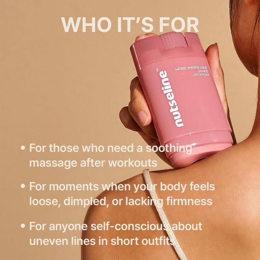 Pink body serum stick dispenser held in hand, compact travel-size bottle