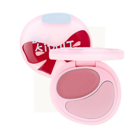 Pink Joocyee blush duo compact with two pans and a built-in applicator brush