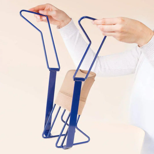 Blue leg sock donning aid frame with adjustable strap for inserting feet