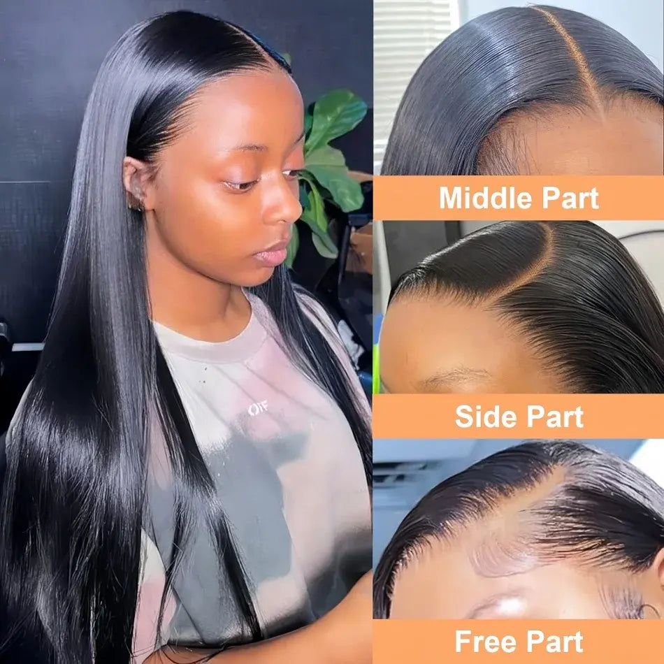 Black straight lace front wig showing middle, side, and free part styling
