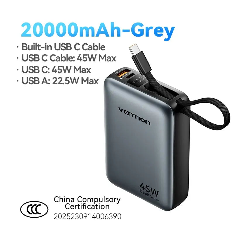 Gray power bank with built-in USB-C cable and wrist strap, compact portable charger.