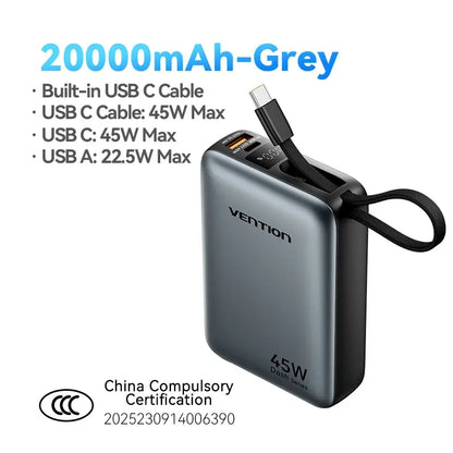 Gray power bank with built-in USB-C cable and wrist strap, compact portable charger.