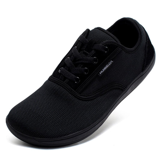 Minimalist barefoot shoes, black mesh upper, lace-up, wide toe box, black outsole