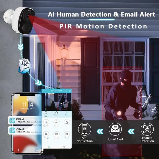 Outdoor solar security camera on wall with smartphone app alerts shown