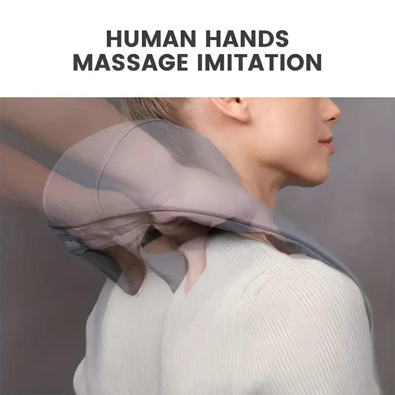 Grey electric neck massager worn around neck with padded collar