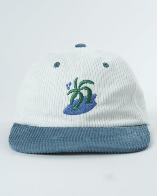 White ribbed surf cap with blue brim and colorful embroidered palm tree