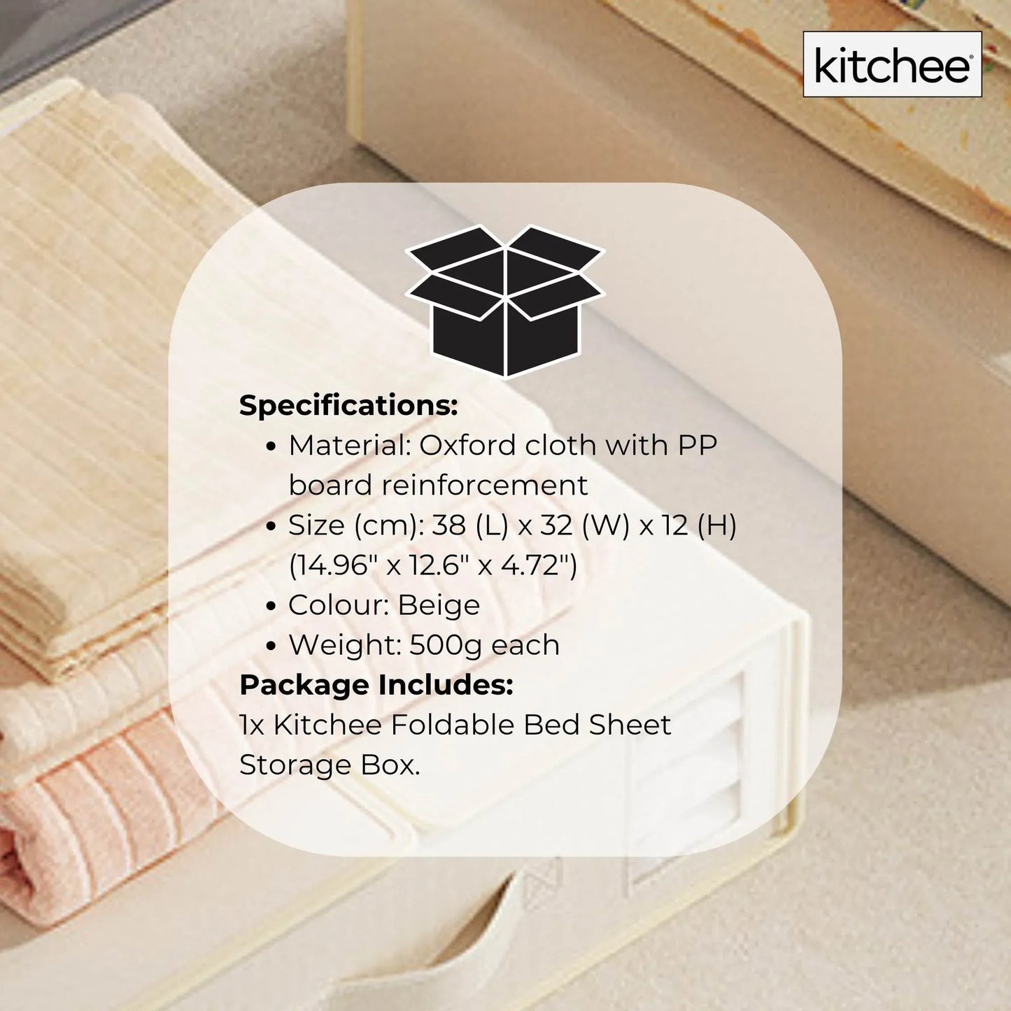 1x Kitchee Foldable Bed Sheet Storage Box - Linen and Closet Organiser Beige