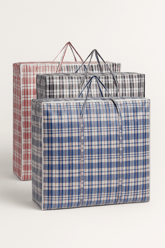 Large plaid zip storage bags with carry handles
