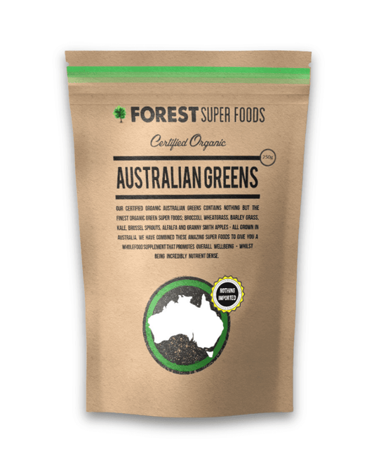 Australian Greens certified organic supplement pouch, kraft brown with green stripe