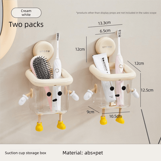 Cream suction cup toothbrush holder with clear cup and open top for electric brushes