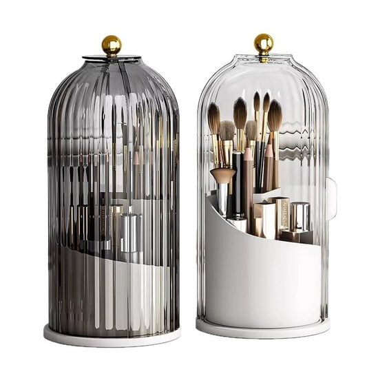 Makeup brush organizer set of two rotating dustproof barrels, clear grey and white with gold tops