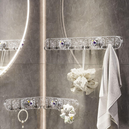 Transparent foldable hook rail with two suction cups and clear metal hooks