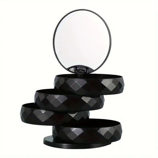 Black rotating 4-tier jewelry organizer box with circular mirror, diamond-cut bands