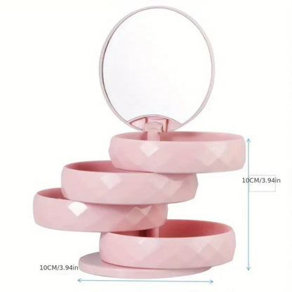 2-Pack 4-Tier Rotating Jewelry Organizer Box with Adjustable Mirror & Diamond Cut Design – Compact 360° Swivel Earring Stud Necklace Storage Box for Vanity Countertop, 10 x 10cm, Black