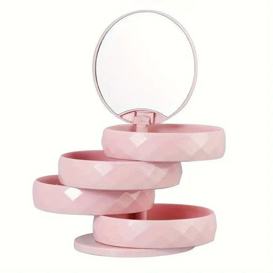 Pink 4-tier rotating jewelry organizer box with round built-in mirror, stacked open top