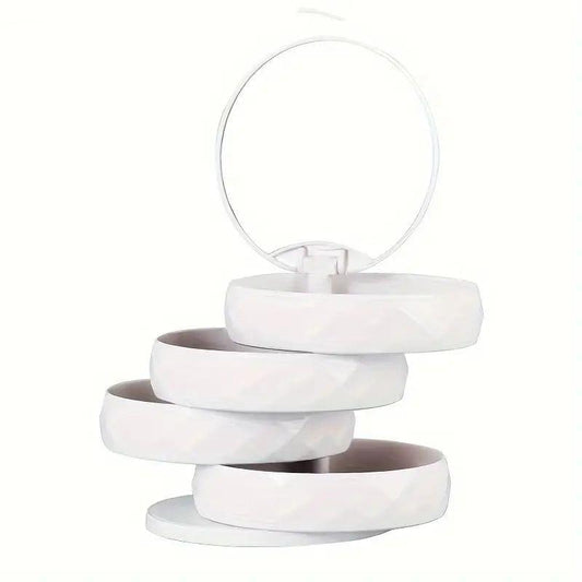 White 4-tier rotating jewelry organizer box with adjustable round mirror