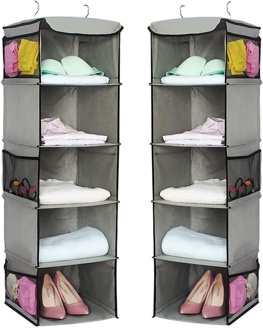 Hanging closet organizer shelf set with four grey fabric shelves and side pockets.