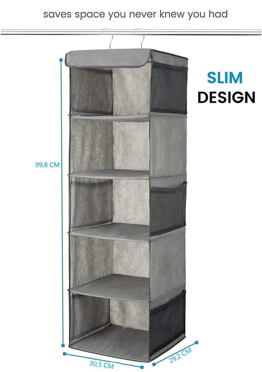 Slim hanging closet organizer with grey fabric shelves and mesh side panels.
