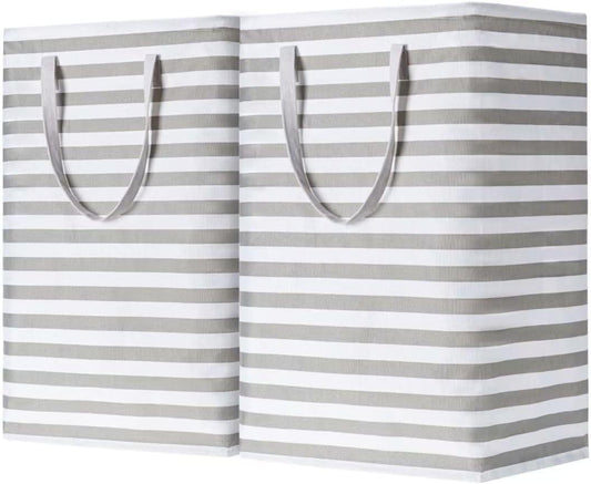 Large striped fabric storage bag with two side handles, rectangular open top
