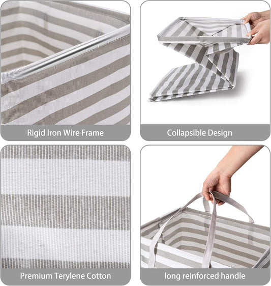 Large striped storage bag features collapsible design, rigid wire frame, reinforced handle