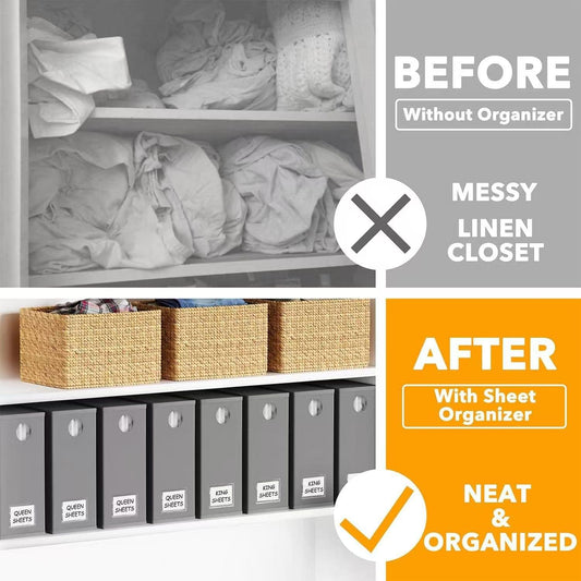Beige woven storage bins with front label cards, arranged for organizing shelves.