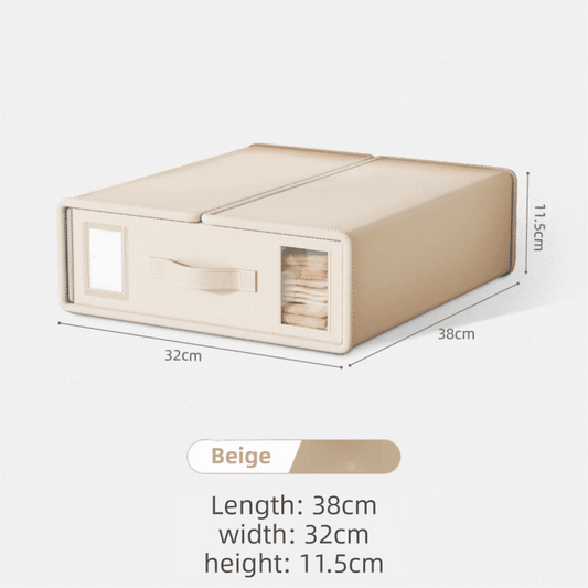 Beige foldable fabric storage box with zip closure, top handle, and front window panel