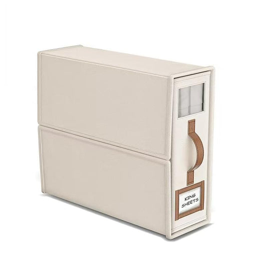 Beige foldable bedding storage box with zipper and PU leather handle