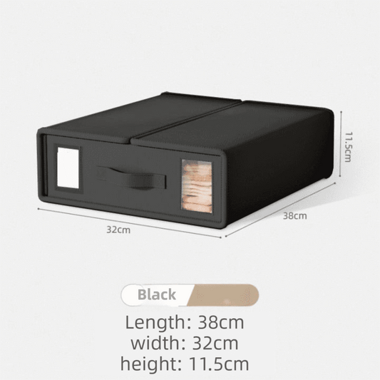 Black foldable storage box with zipper, carry handle, and clear front window