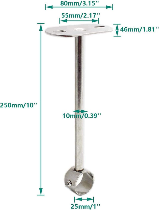Stainless steel ceiling mount rod holder with flange base and pipe support, 250mm height