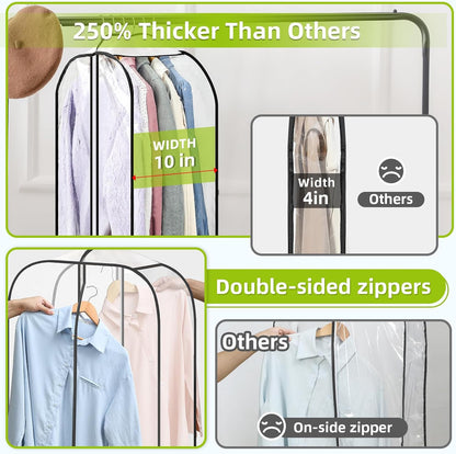 2 Pack Clear Garment Bags for Hanging Clothes with Zippers on Double Sides - 10'' Storage Coat, Dress, and Fur in Closet 40'' Long Suit