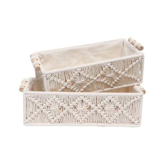 Set of 2 cotton rope braided storage baskets, cream, macrame pattern, rope handles