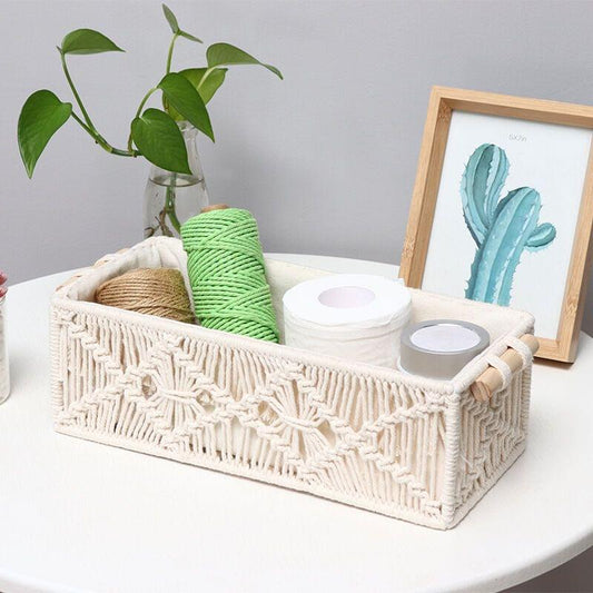 Cotton rope braided storage basket, cream macrame pattern, open top, rope handles