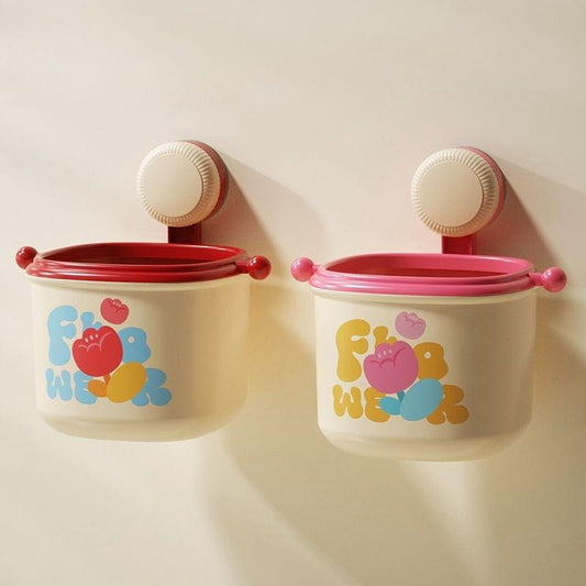 Cream suction trash bin with red lid, wide opening, floral paw print
