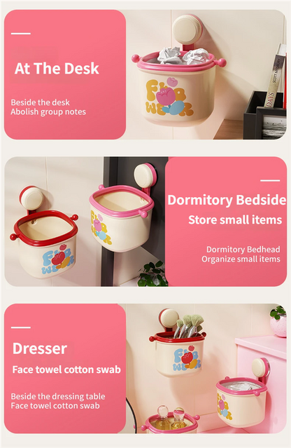 2-Pack Cream Red & Cream Powder Cute Suction Cup Wall-Mounted Trash Bin with Bag Press Ring and Wide Opening - Multifunctional Organizer & Waste Basket for Office Living Room And Bedroom