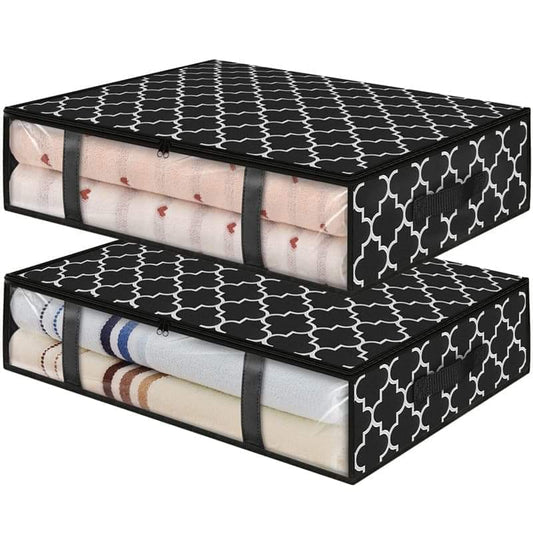 Black foldable storage box with geometric pattern, clear window panel, and side handles.