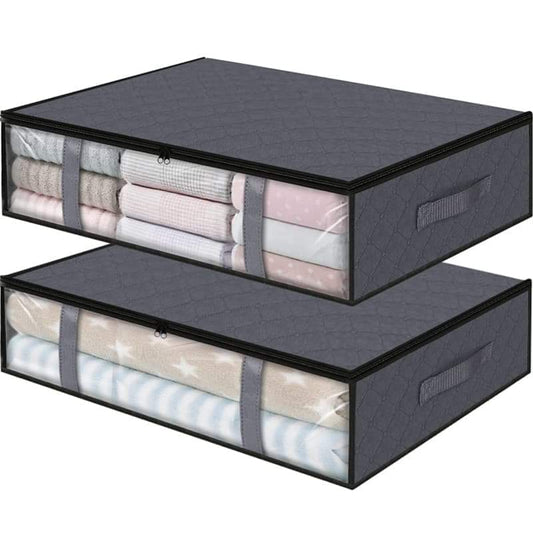 Gray foldable storage box set with transparent window and stitched side handles