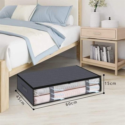 Gray under-bed storage drawer box with clear window and folded interior panels