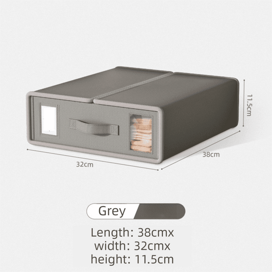 Grey foldable bedding storage box with zipper and handle, size shown